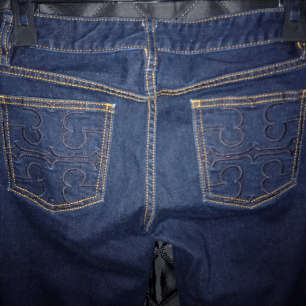 Tory Burch Women's Blue Denim Dark Wash Cuffed Straight Leg Jeans Size 25 - Picture 4 of 12